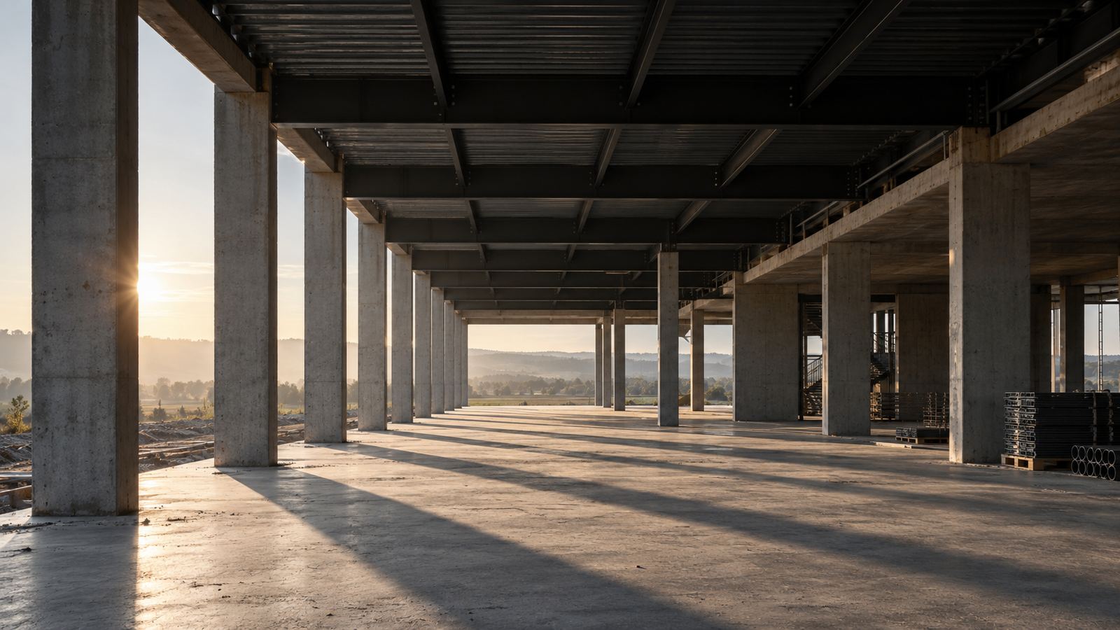 Structure under construction at dawn